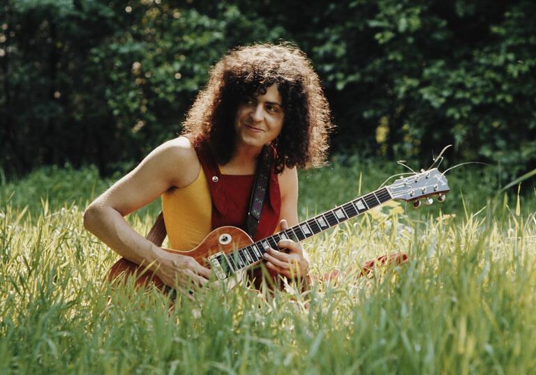 T. Rex sits in a field playing guitar