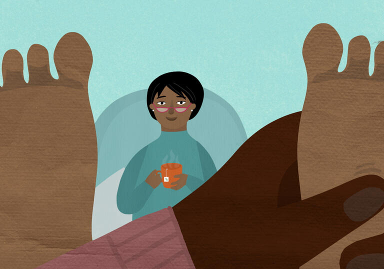 An animation in POV style of someone rubbing a woman's feet as she sits with her feet up, holding a cup of tea. 