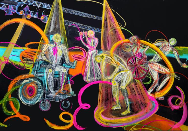 Colourful drawings of people swirling against a black background. 
