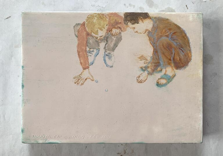 A painting of two children playing