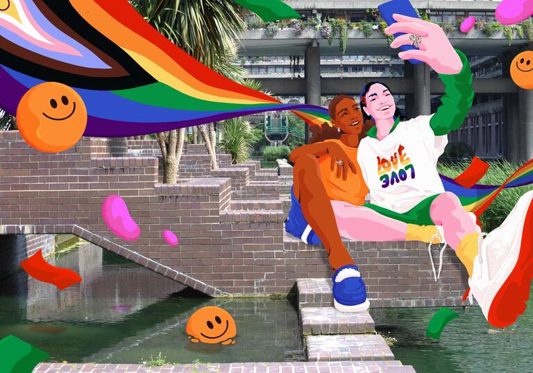 Two oversized illustrations of two people sit on the lakeside terrace with a pride flag draping behind them.