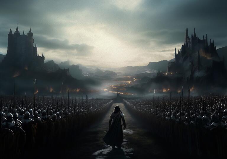 A man walking in the middle of a large army of men in armour carrying spears. In the distance are two castles on hills, in between them is a river of lava.
