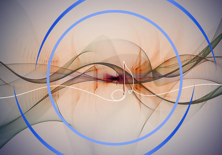 Wavy black lines across spanning the length of the image, suggestive of sound waves. In the centre of the image is the outline of a quaver. Around it are blue circular swirls.