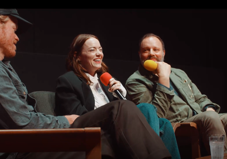 Jesse Plemmons, Emily Stone and Yorgos Lanthimos laugh on stage during a screentalk. 