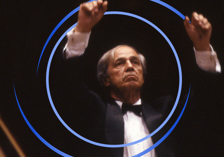 Pierre Boulez conducting, with blue circular swirls around him