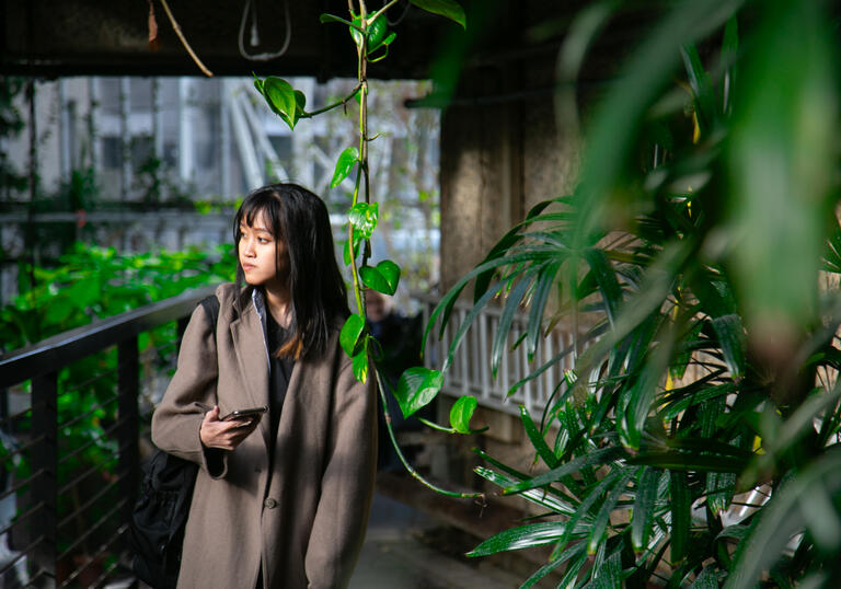 A person holds their phone and looks out over the balcony of the Barbican conservatory. 