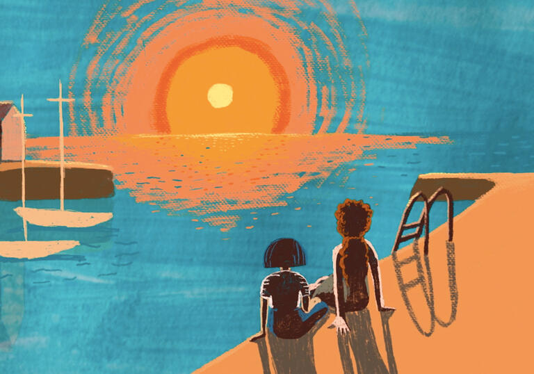 An animation of two kids sitting by a pier, watching the sun set over the ocean. 