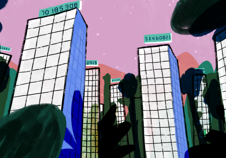 A black and purple animation of tall skyscrapers.