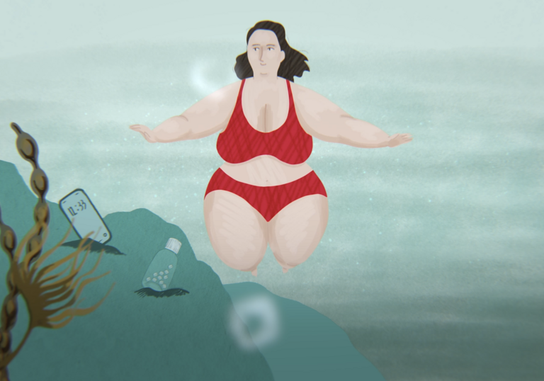 An animation of a woman swimming in a river, in a red bikini. 