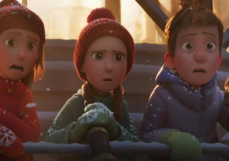 A group of kids look over a roof on Christmas Eve. 