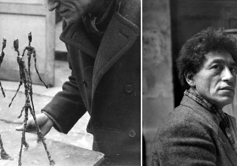 L: Alberto Giacometti holding Three Men Walking, 1940s, Archives Fondation Giacometti © Succession Alberto Giacometti / Adagp, Paris 2024 Photo: anonymous   R: Alberto Giacometti in the studio, Before June 1951, Archives Fondation Giacometti © Succession Alberto Giacometti / Adagp, Paris 2024. Photo: Michel Sima. 