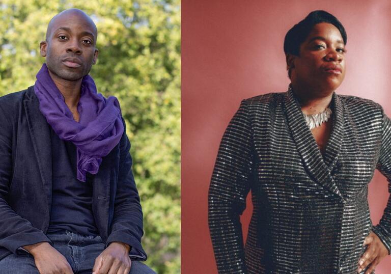 Two headshots: One person in a purple scarf sits in front of a tree and poses for the camera and another person in a suit stands in front of a red background.