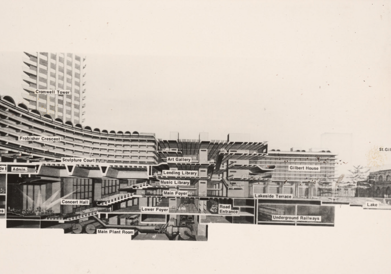 A black and white architectural drawing of a cross section of the Barbican Centre by John Maltby