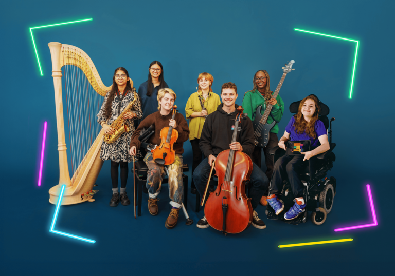 Seven members of the National Open Youth Orchestra holding instruments against a blue background surrounded by neon vectors