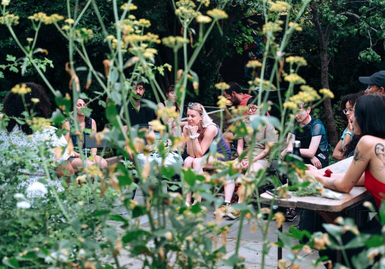 A group of people gather outside at tables. We see them through a patch of yellow flowers.