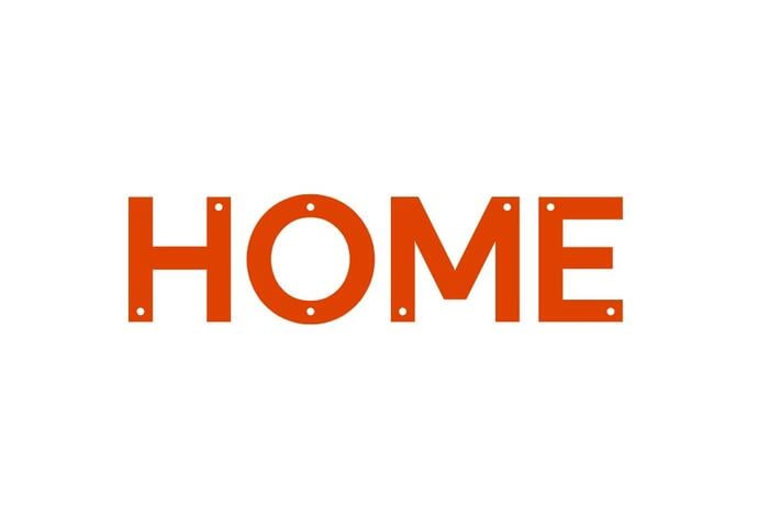 'HOME' written in orange text against white background