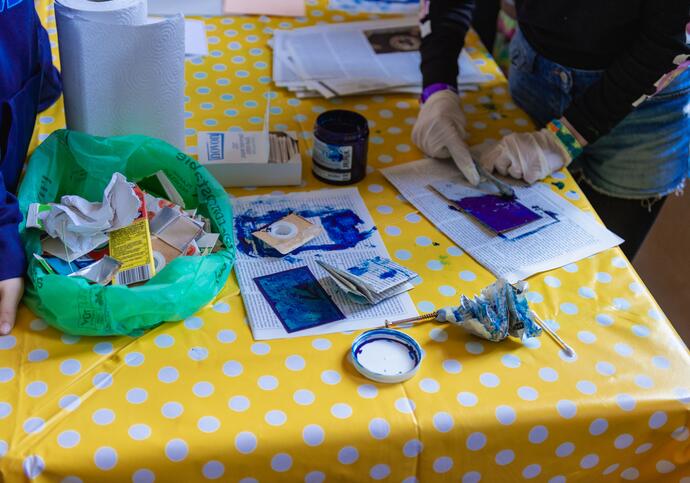 People making blue ink prints