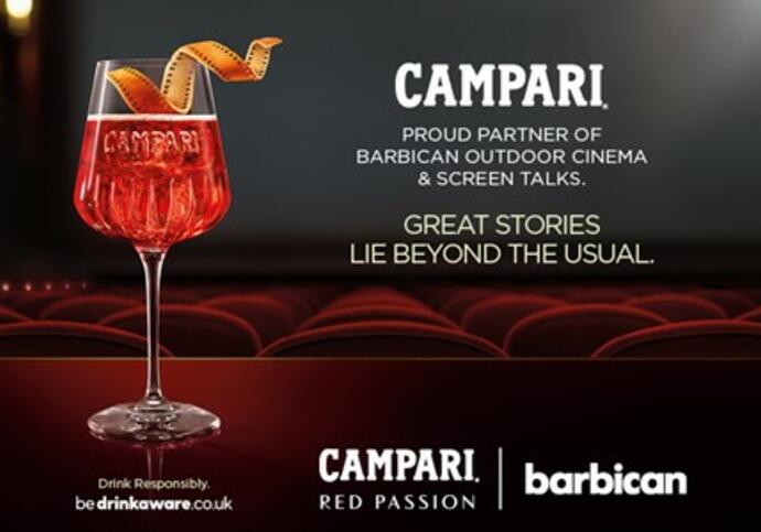 A glass of Campari with a film strip positions as an orange peel. Image reads, Campari: Proud partner of Barbican Outdoor Cinema and Screen Talks. Great stories lie beyond the usual.