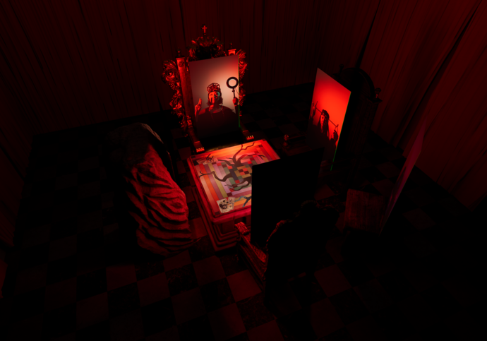 A red room with four tables and a chair. It looks like a seance. 