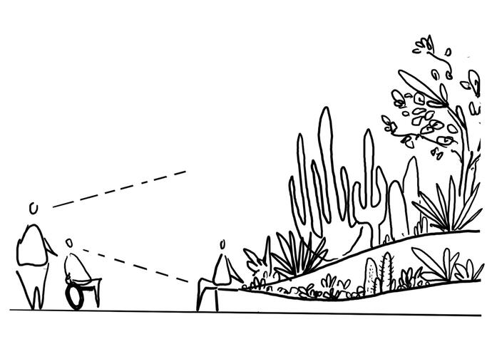 A sketch of a visitor in a wheelchair with companion looking at layers of plants