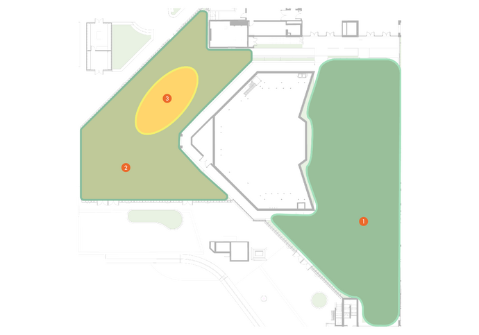 A bird's eye view map of the Conservatory, listing the three planting zones