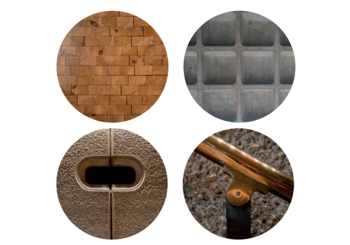 Four round images, 2x2, show the materials of wood, smooth concrete, chiselled concrete and brass that make up features of the Barbican Centre Foyers