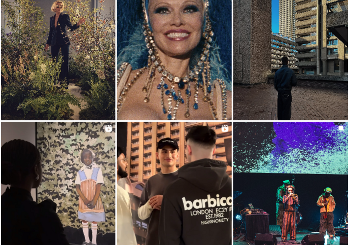 A selection of six images from Barbican's Instagram page, showcasing current and upcoming events, behind the scenes content and creatives.