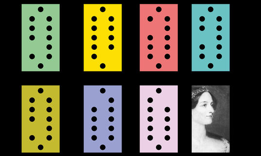 Illustration of punch cards for Ada Lovelace's computer programme and a portrait of Lovelace