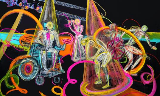 Colourful drawings of people swirling against a black background. 