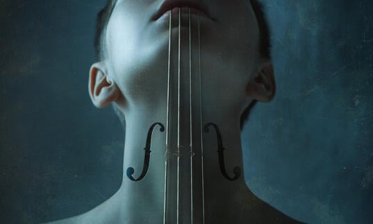 A person with cello holes in their neck looks upwards as four strings pull down their throat from their mouth.