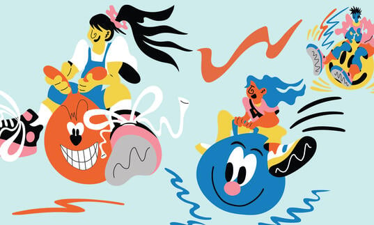 Three colourful illustrated characters bouncing on space hoppers