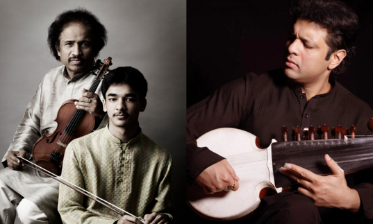 A composite image with Ambi and Dr L Subramaniam on the left, and Amaan Ali Bangash playing his sarod on the right