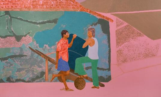 a painting of vibrant pink depicts two men stand in front of an indian landscape with a handcart.