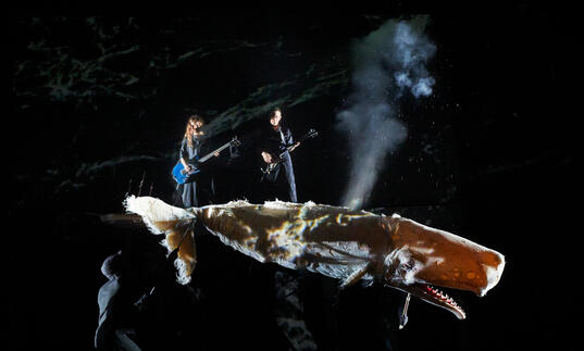 2 people playing electric guitars standing on top of a whale