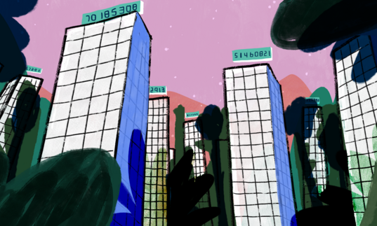 A black and purple animation of tall skyscrapers.