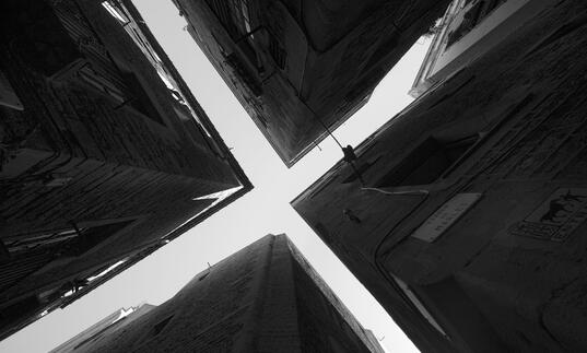 A view from the ground up of tall buildings