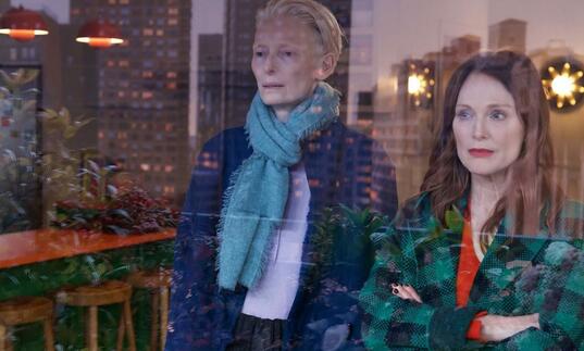 Two middle aged women stare out a window over a cityscape.