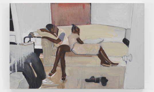 A painting of two teenage girls asleep on a sofa. One has her head leant against the arm of the sofa, the other is laying beside her. On the left, the legs of another figure can be seen sitting in an adjacent seat. There are a pair of black shoes on the floor. 