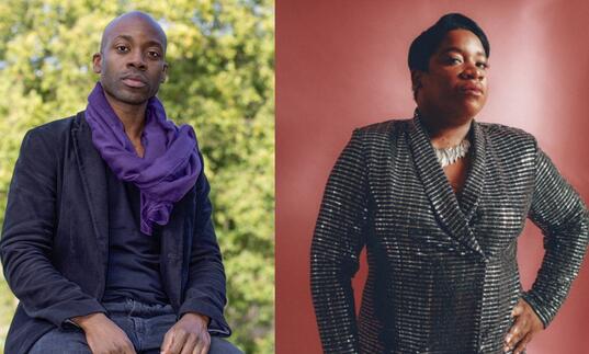 Two headshots: One person in a purple scarf sits in front of a tree and poses for the camera and another person in a suit stands in front of a red background.