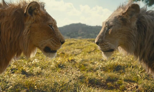 Mufasa and Scar (lions) stand looking at each other in profile 