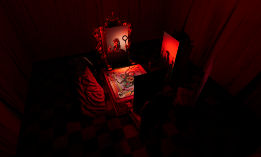 A red room with four tables and a chair. It looks like a seance. 