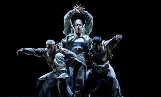 A group of dancers move around each other. They move at different levels creating one moving entity. 