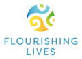 Logo: Flourishing lives in yellow, blue and green colours